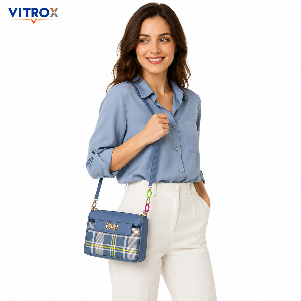 Vitrox Blue Plaid Ladies Sling Bag | Compact Shoulder Bag with Gold Bow & Chain Detail