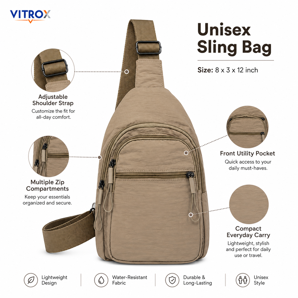 Vitrox Unisex Beige Sling Bag Compact Crossbody Bag with Adjustable Strap
