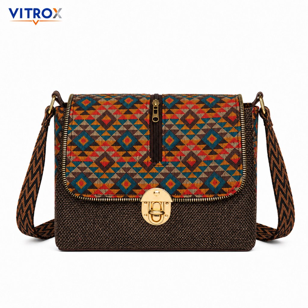 Vitrox Ladies Ethnic Pattern Shoulder Bag – Brown & Multicolor Woven Fabric