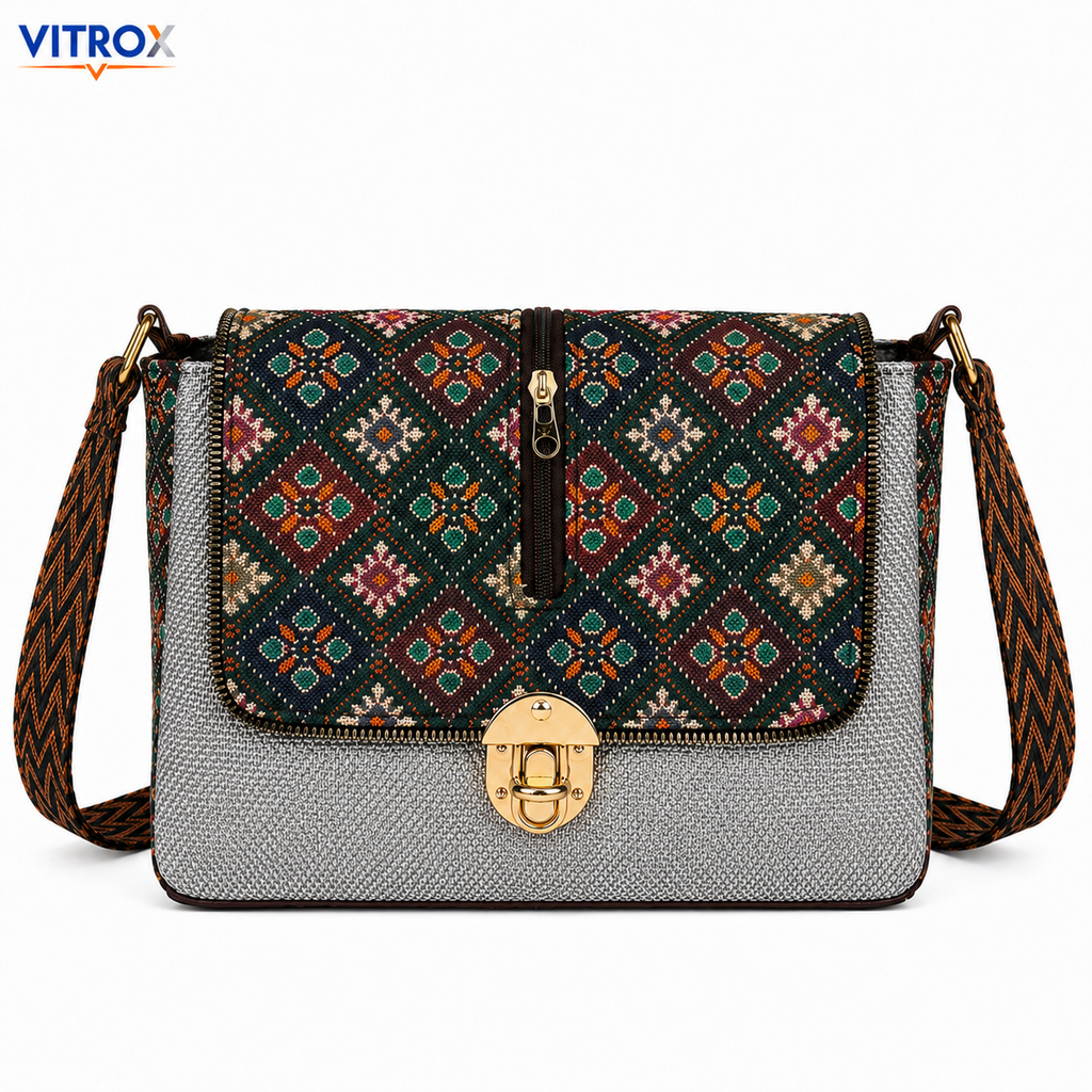 Vitrox Elegant Printed Ladies Shoulder Bag – Multicolour Pattern with Grey Fabric Finish