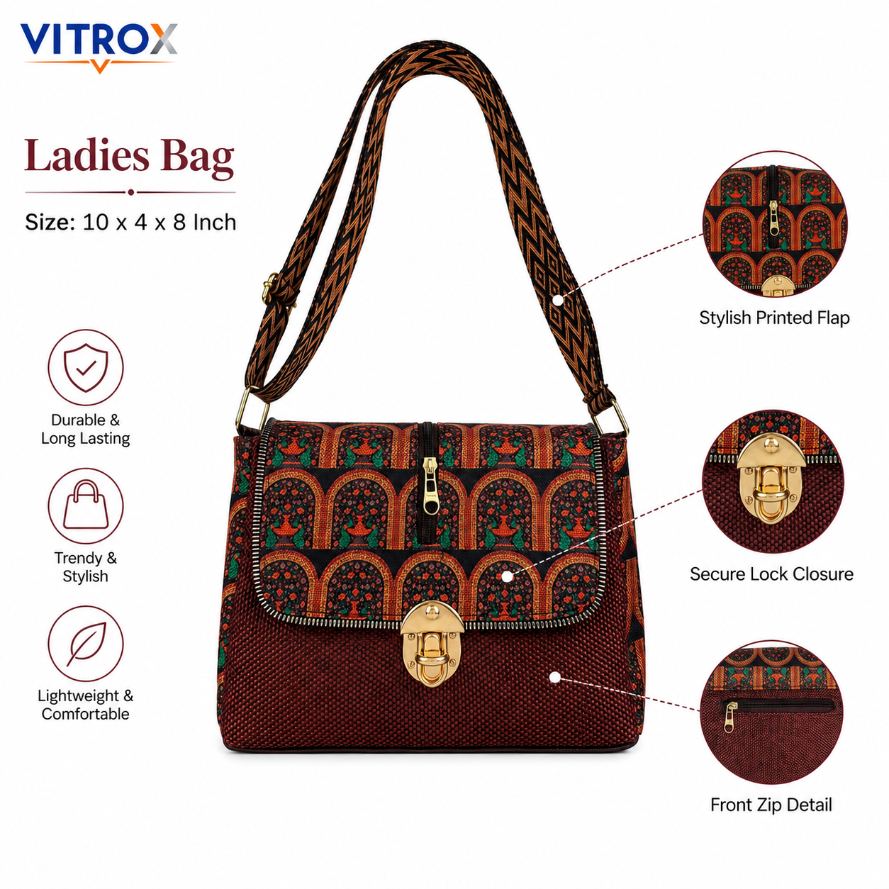 VITROX Printed Ladies Sling Bag – Brown & Black Geometric Pattern Shoulder Bag
