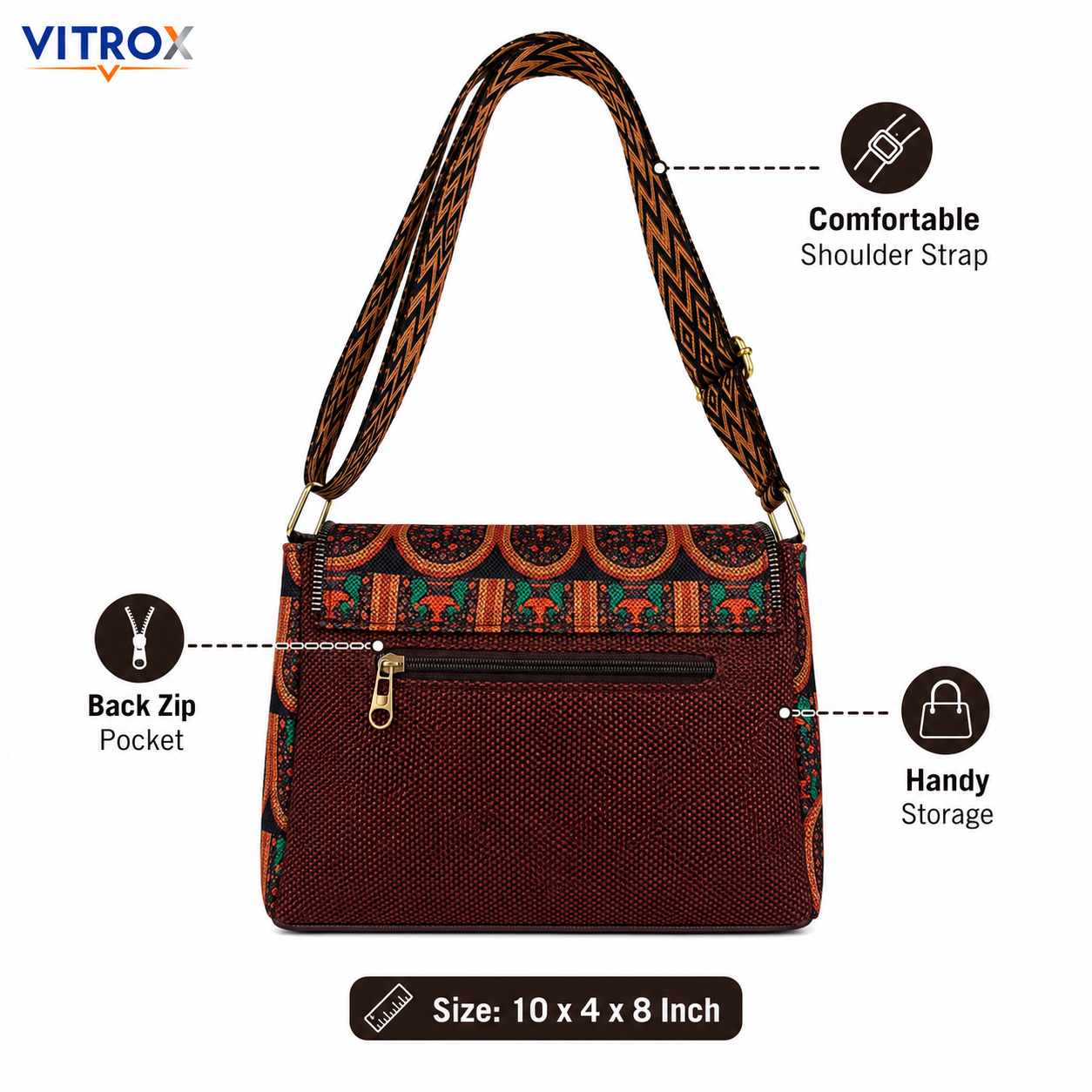 VITROX Printed Ladies Sling Bag – Brown & Black Geometric Pattern Shoulder Bag