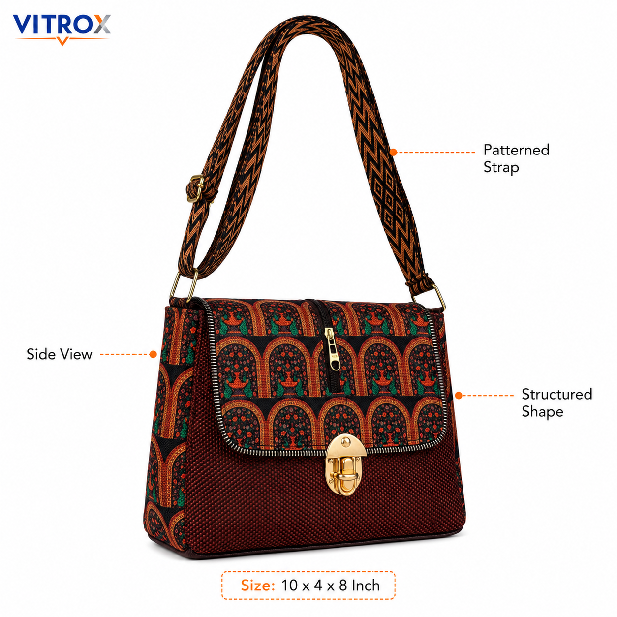 VITROX Printed Ladies Sling Bag – Brown & Black Geometric Pattern Shoulder Bag