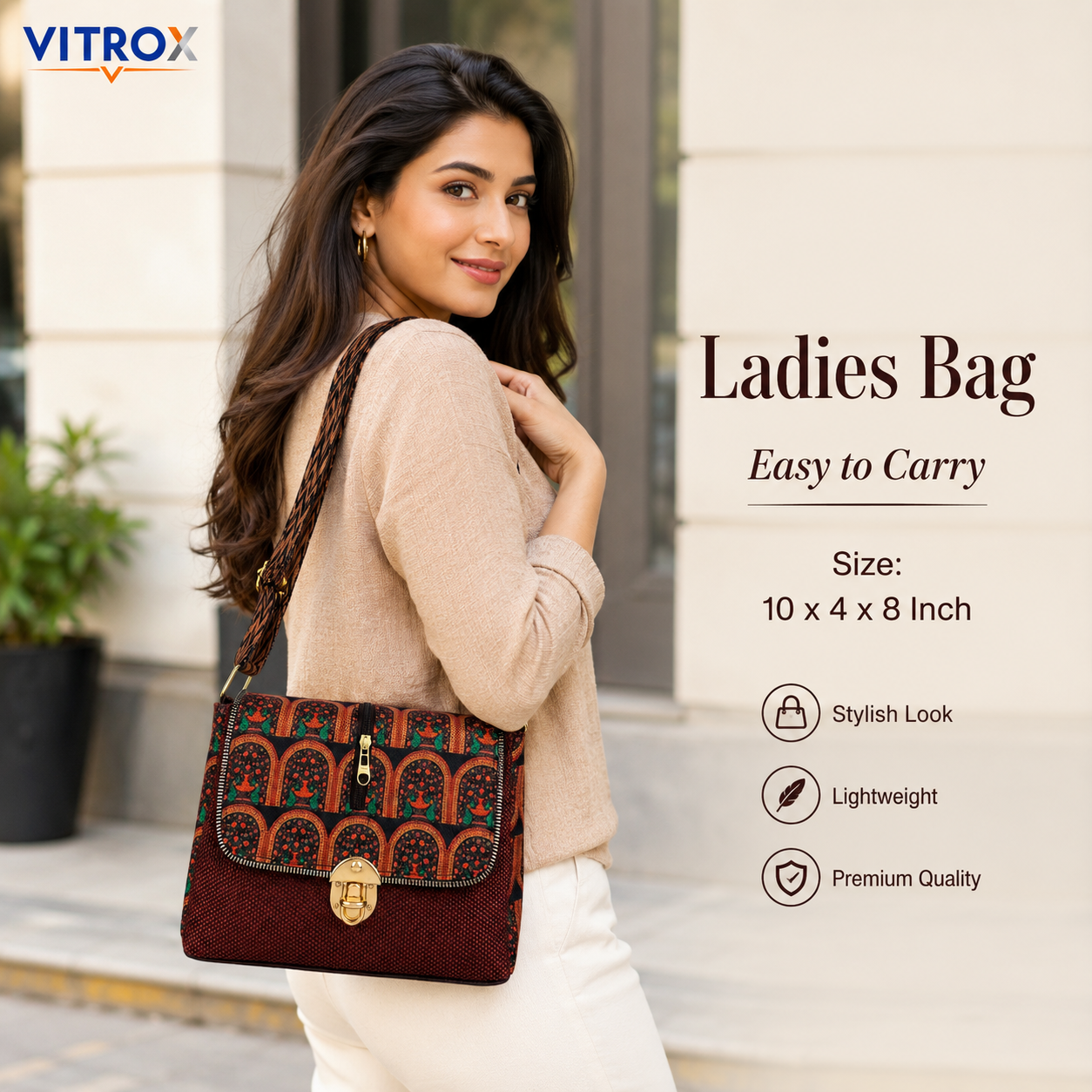 VITROX Printed Ladies Sling Bag – Brown & Black Geometric Pattern Shoulder Bag