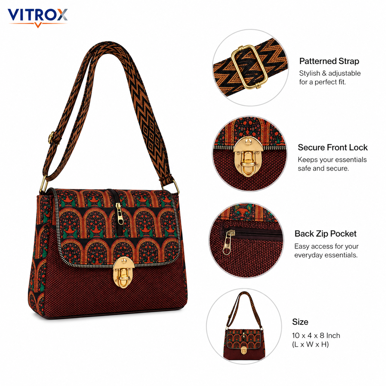 VITROX Printed Ladies Sling Bag – Brown & Black Geometric Pattern Shoulder Bag