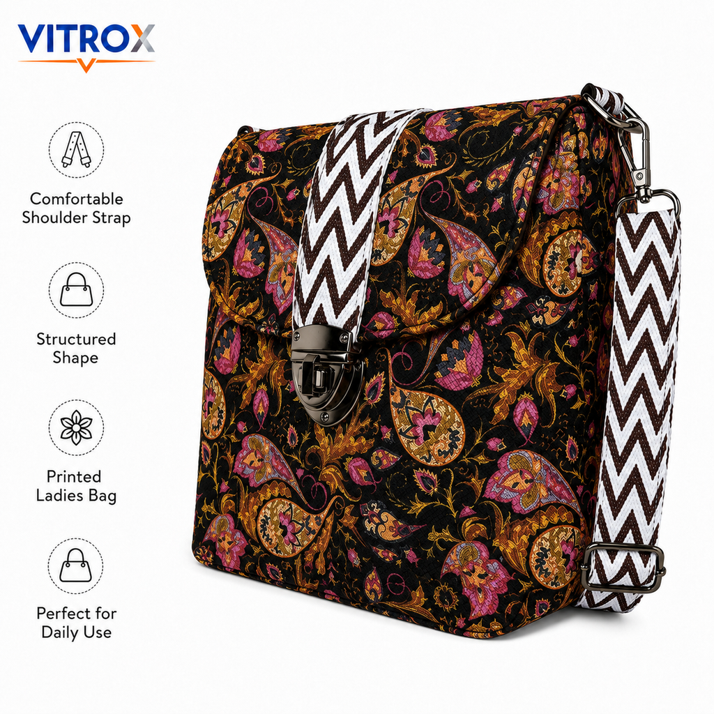Vitrox Printed Ladies Shoulder Bag – Black Multicolour Floral Design, Adjustable Strap