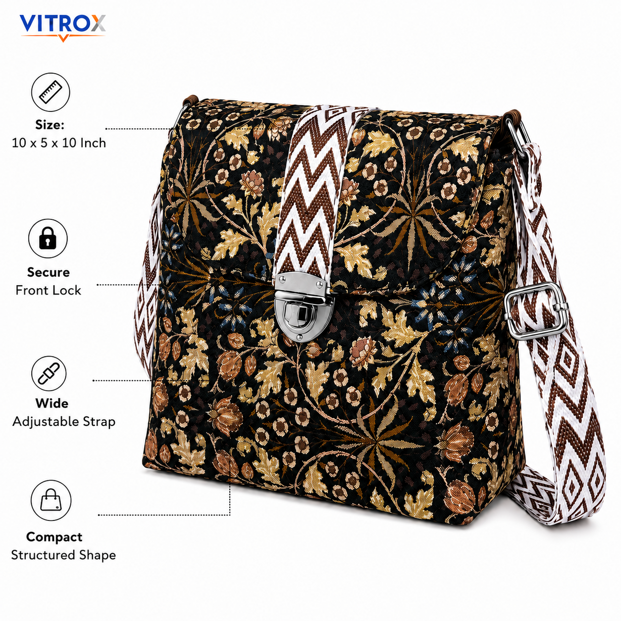 Vitrox Ladies Printed Shoulder Bag – Dark Brown Floral Design, Adjustable Strap