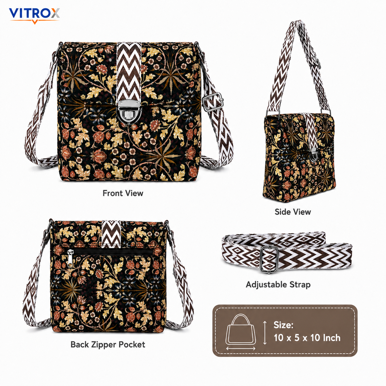 Vitrox Ladies Printed Shoulder Bag – Dark Brown Floral Design, Adjustable Strap