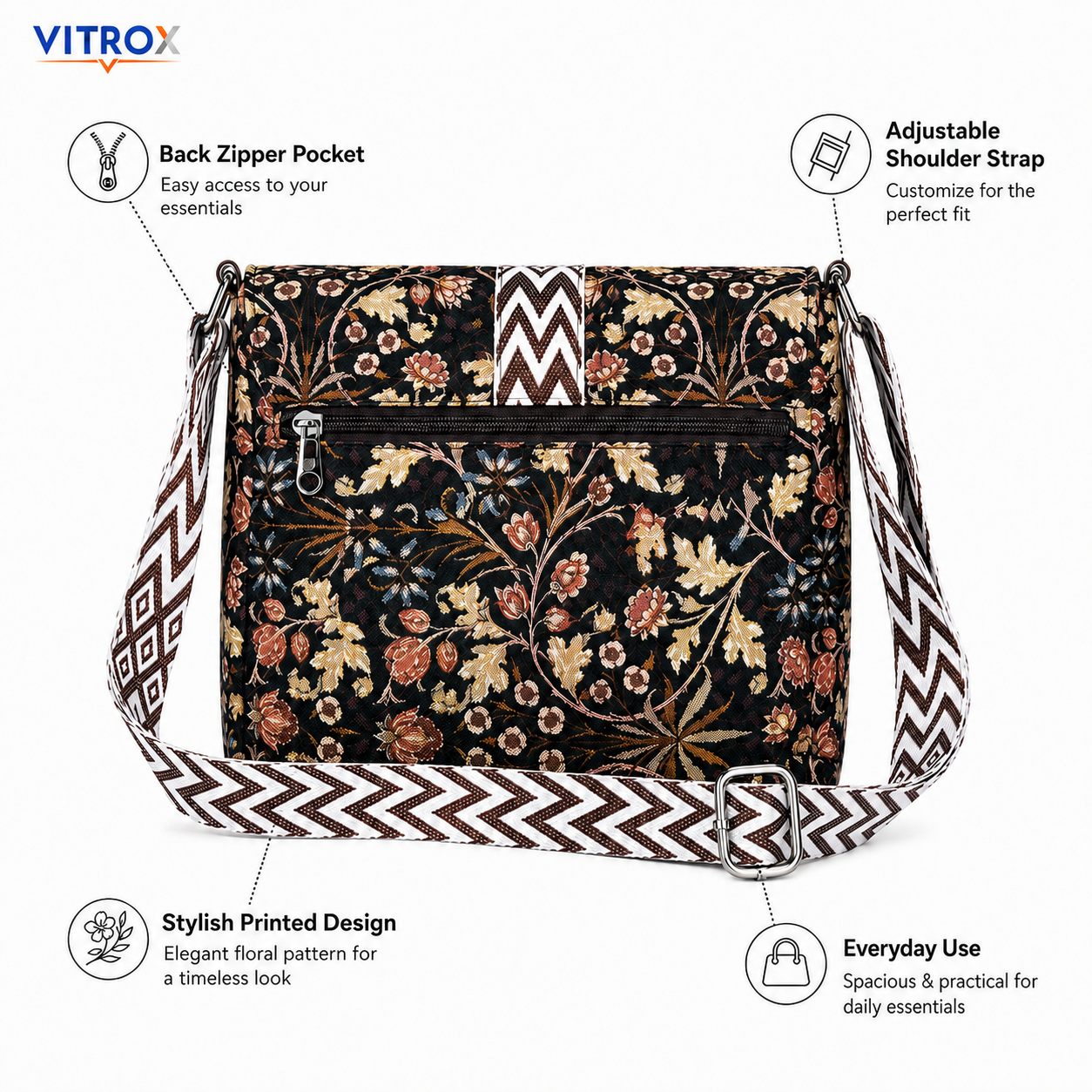 Vitrox Ladies Printed Shoulder Bag – Dark Brown Floral Design, Adjustable Strap