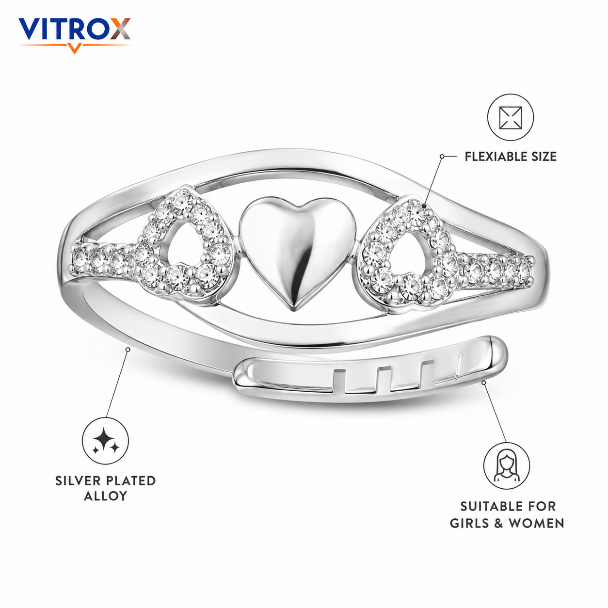 Vitrox Silver-Plated Alloy Adjustable Ring for Girls &amp; Women – Flexible Size