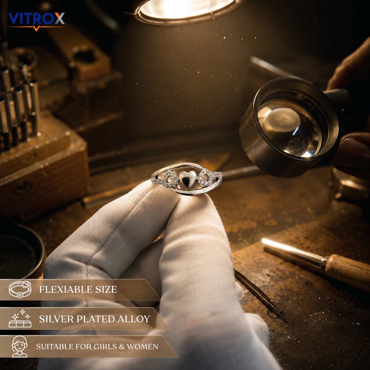 Vitrox Silver-Plated Alloy Adjustable Ring for Girls &amp; Women – Flexible Size