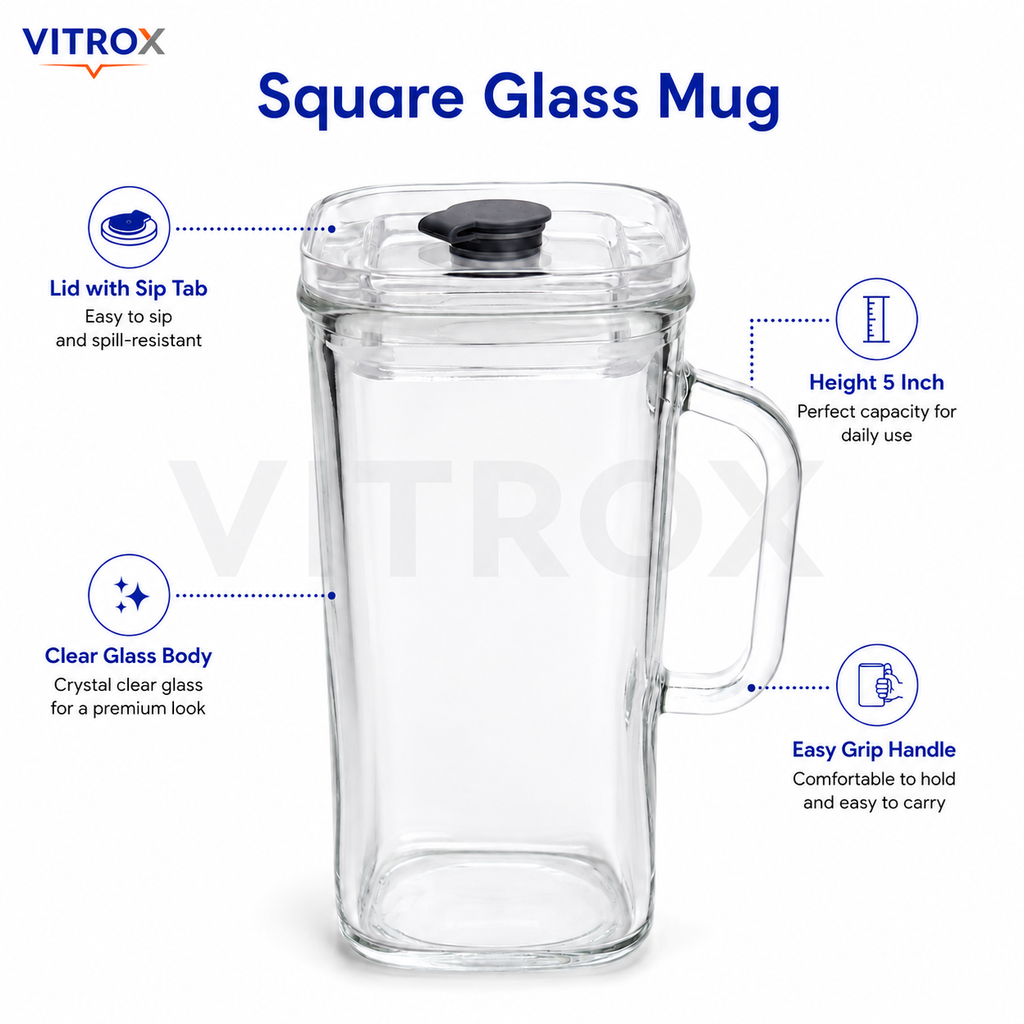 Vitrox Square Glass Handle Cup – Transparent 12 Inch Glass Mug with Lid & Sip Tab for Water, Juice & Cold Beverages