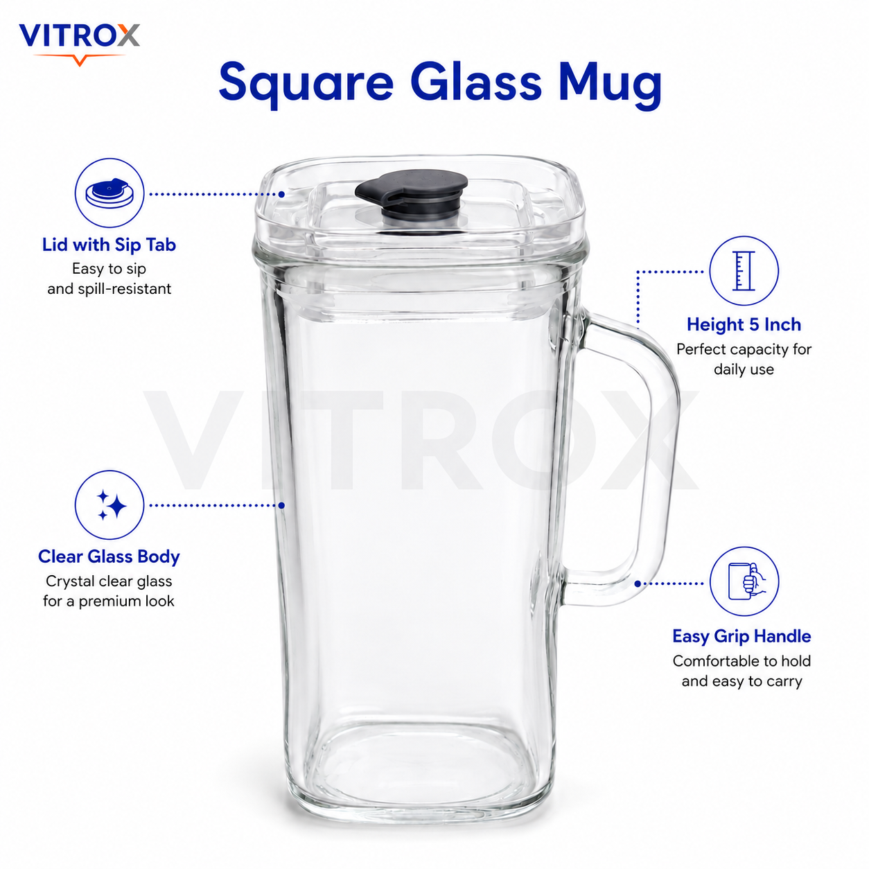 Vitrox Square Glass Handle Cup – Transparent 12 Inch Glass Mug with Lid & Sip Tab for Water, Juice & Cold Beverages