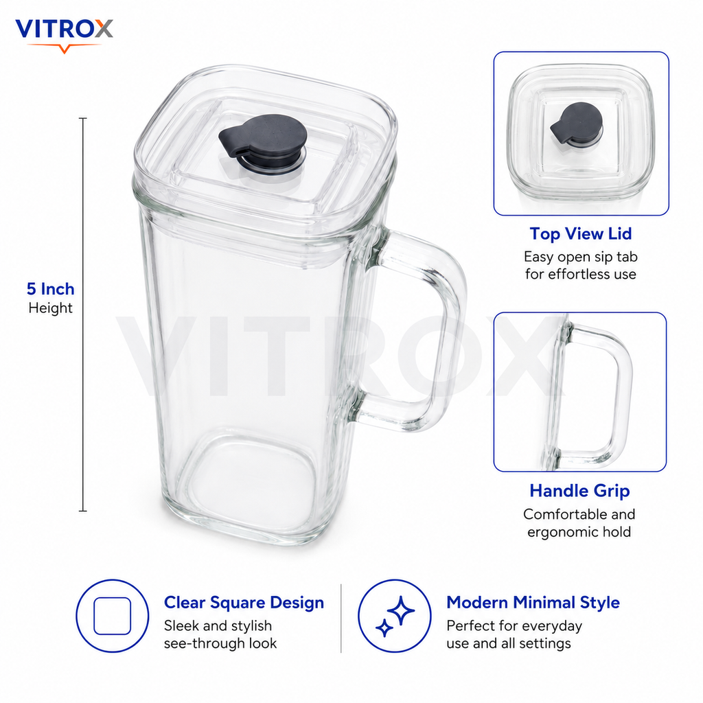 Vitrox Square Glass Handle Cup – Transparent 12 Inch Glass Mug with Lid & Sip Tab for Water, Juice & Cold Beverages