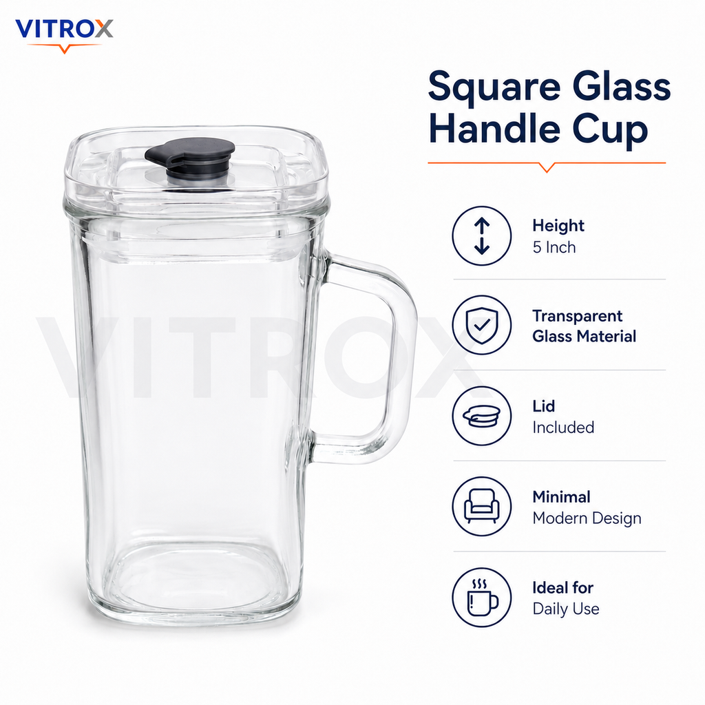 Vitrox Square Glass Handle Cup – Transparent 12 Inch Glass Mug with Lid & Sip Tab for Water, Juice & Cold Beverages