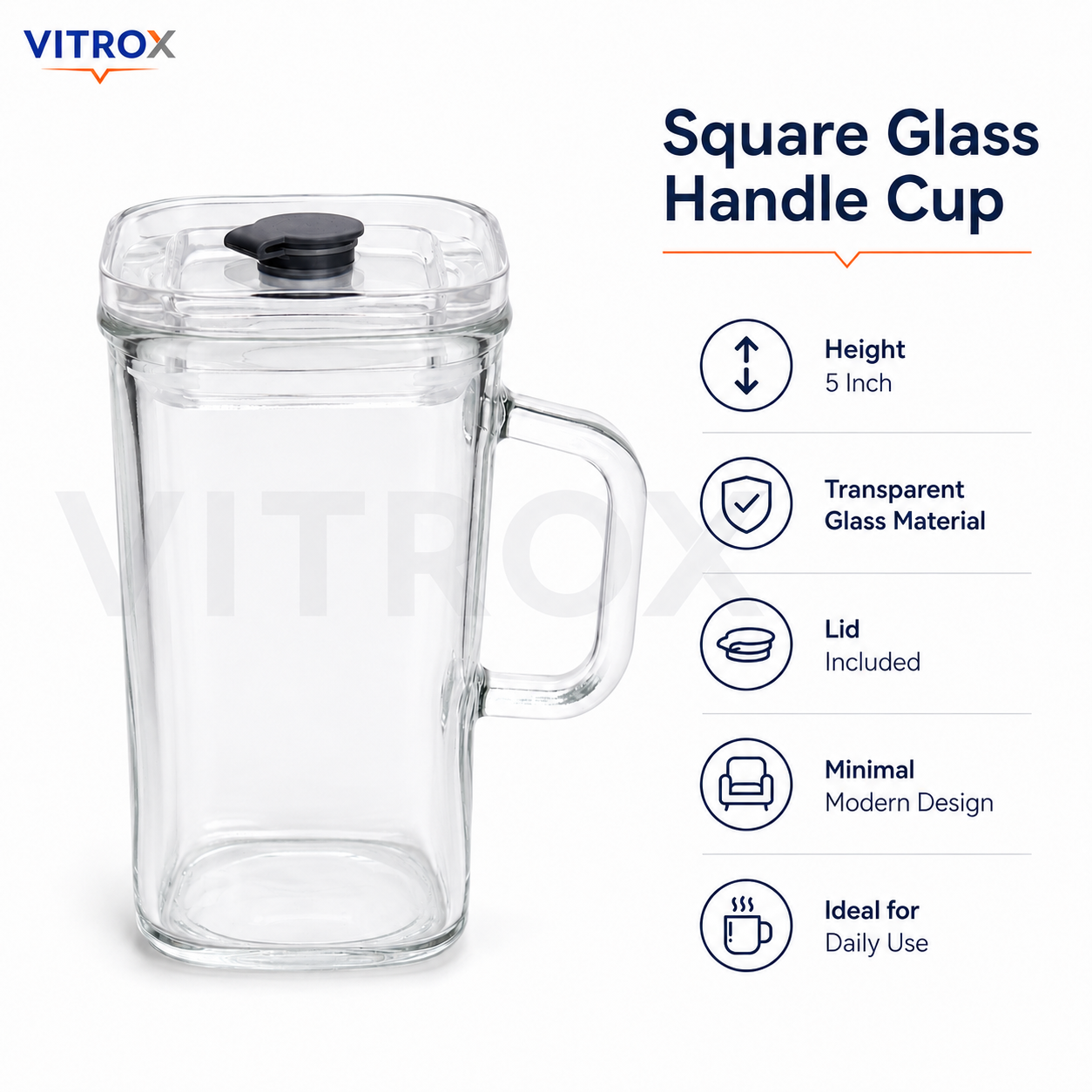 Vitrox Square Glass Handle Cup – Transparent 12 Inch Glass Mug with Lid & Sip Tab for Water, Juice & Cold Beverages