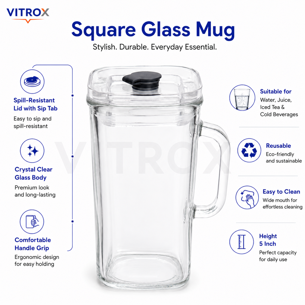 Vitrox Square Glass Handle Cup – Transparent 12 Inch Glass Mug with Lid & Sip Tab for Water, Juice & Cold Beverages