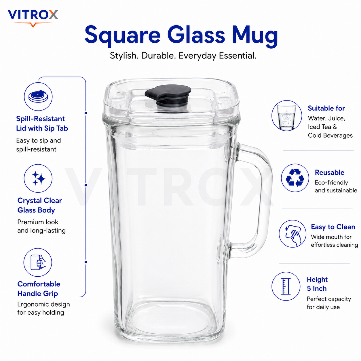 Vitrox Square Glass Handle Cup – Transparent 12 Inch Glass Mug with Lid & Sip Tab for Water, Juice & Cold Beverages