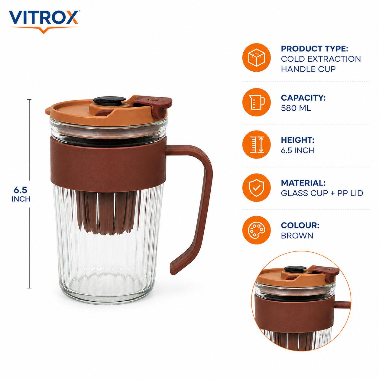 Vitrox Cold Extraction Handle Straw Cup – Brown 580 ML Ribbed Glass Infuser Cup with PP Lid | 12 Inch