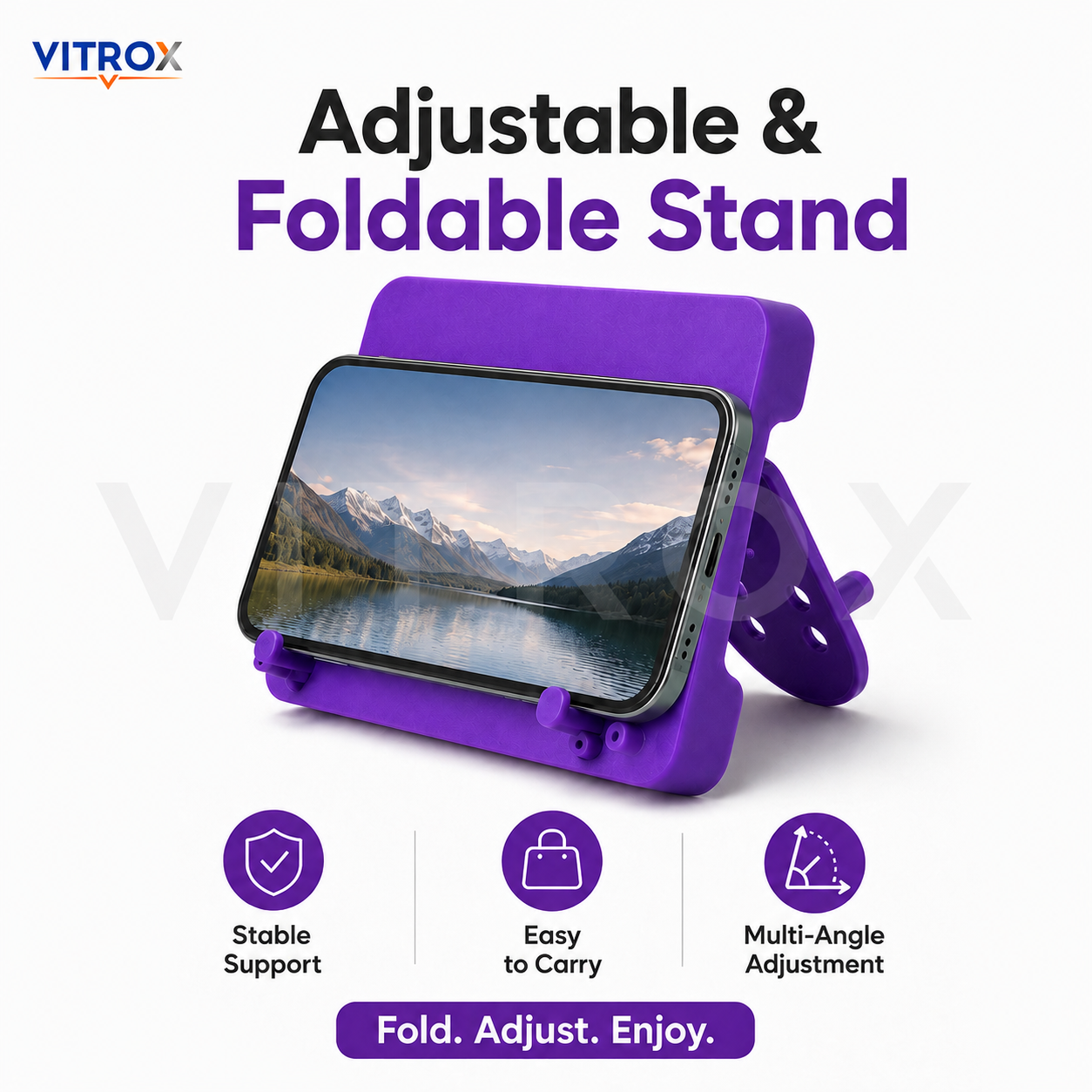 Vitrox Foldable Mobile & Tablet Stand – Hands-Free Desktop Holder for Phone & Tablet, Portable Plastic Stand, 7 x 4 Inch, Purple