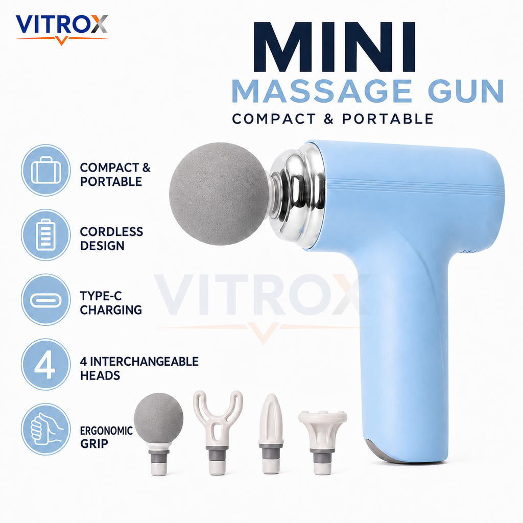 Vitrox Mini Massage Gun Portable Deep Tissue Body Massager with 4 Massage Heads, Type-C Charging – Light Blue