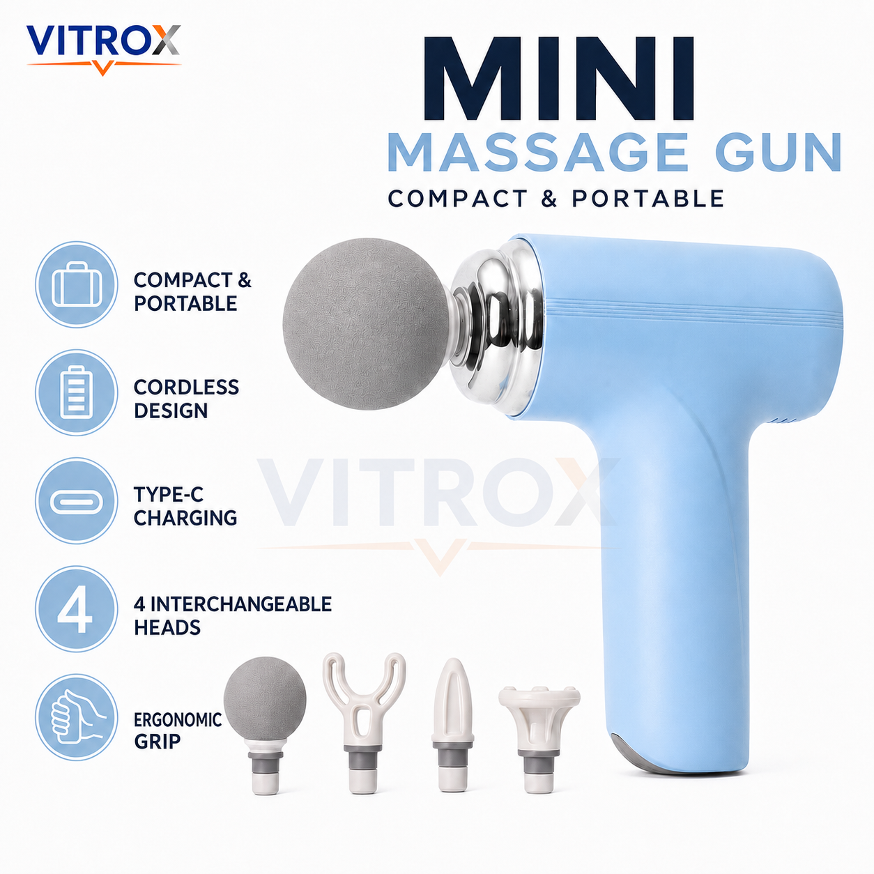 Vitrox Mini Massage Gun Portable Deep Tissue Body Massager with 4 Massage Heads, Type-C Charging – Light Blue