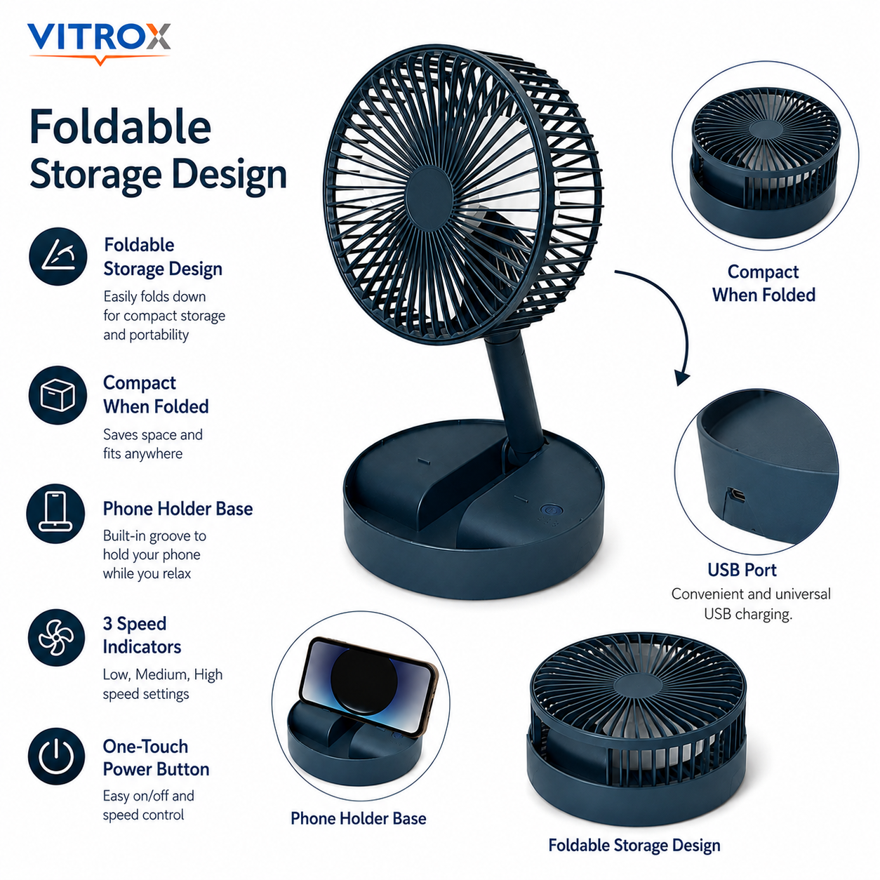 Vitrox Foldable Desk Fan with 3-Speed Airflow, 180° Adjustable Head &amp; Mobile Phone Holder – Dark Teal Blue