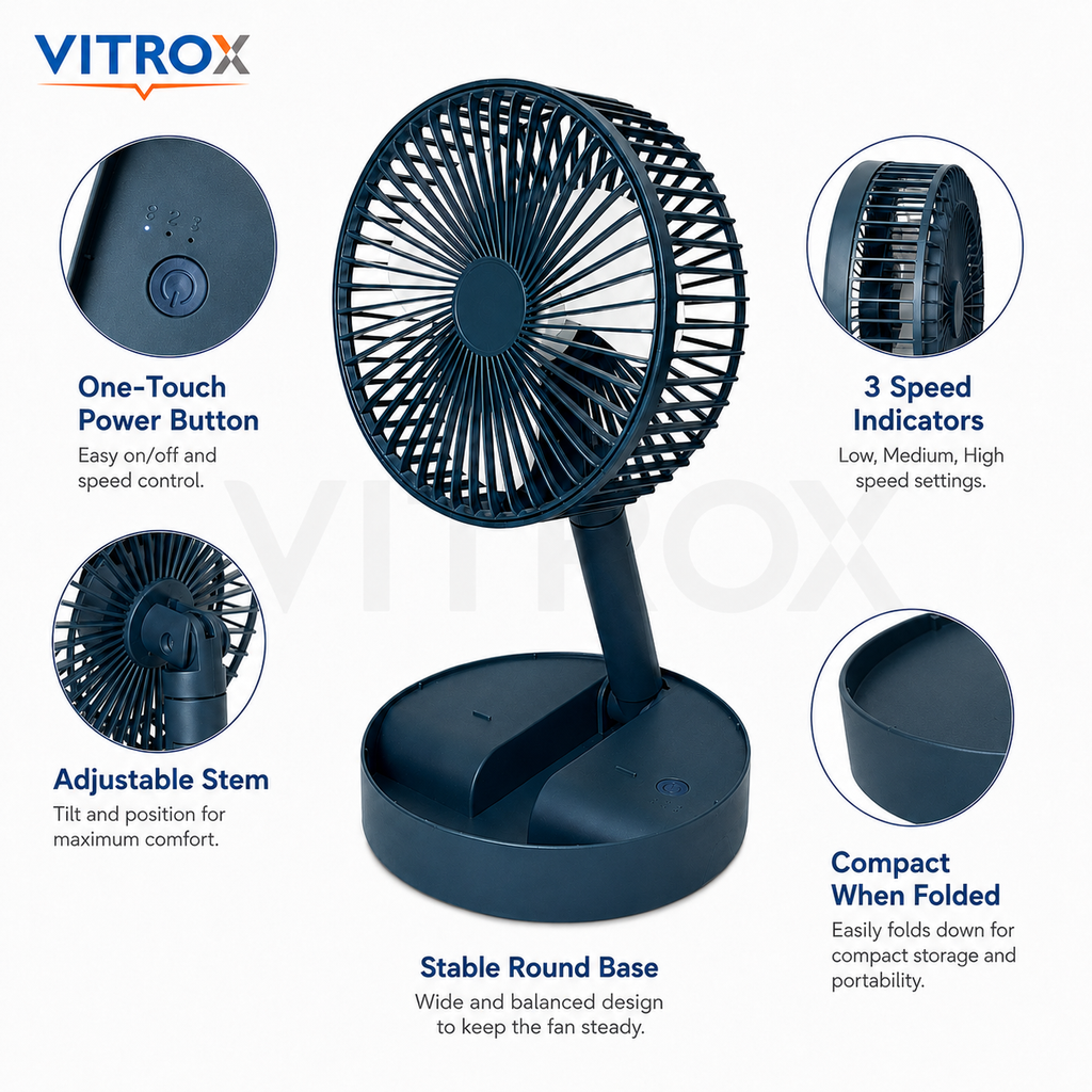 Vitrox Foldable Desk Fan with 3-Speed Airflow, 180° Adjustable Head &amp; Mobile Phone Holder – Dark Teal Blue