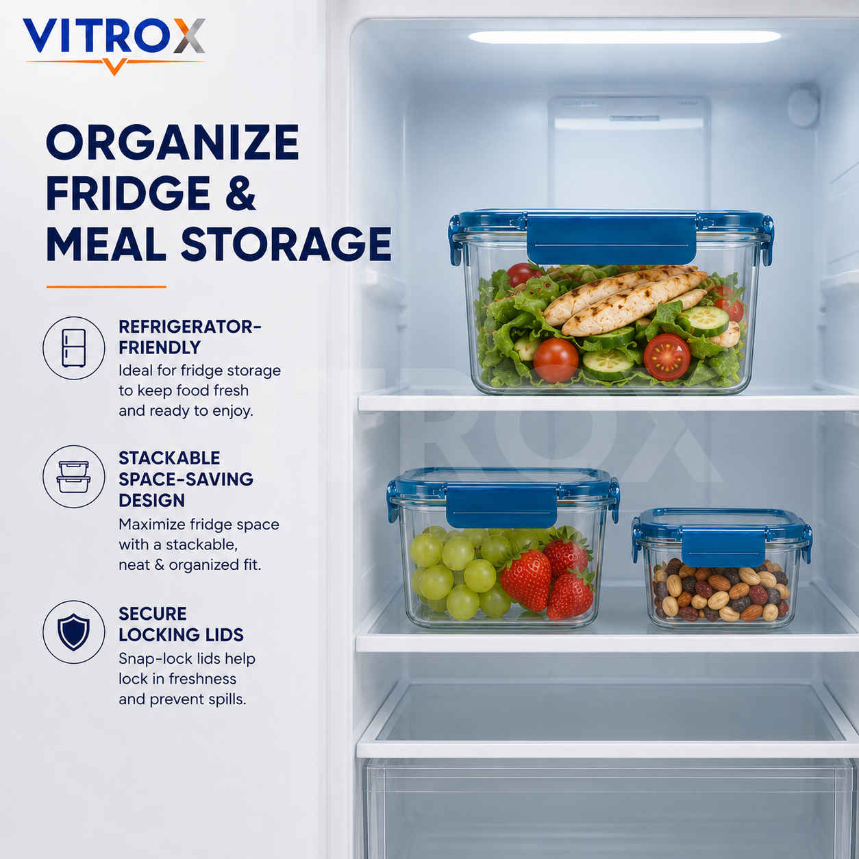Vitrox 3-Piece Stackable Airtight Food Storage Container Set – 1200ml, 800ml ,300ml