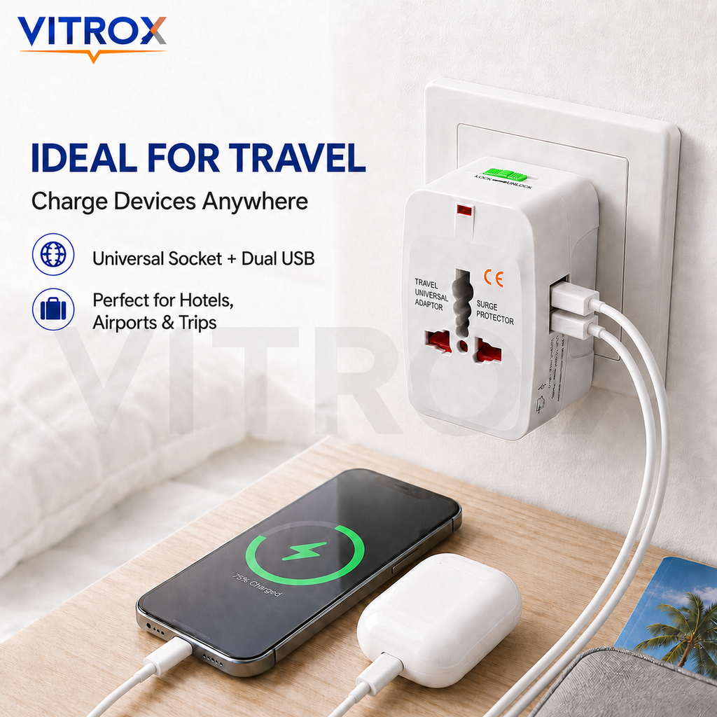 Vitrox All-in-One Universal Travel Adaptor with Dual USB Ports, Surge Protection & Worldwide Plug Support – White