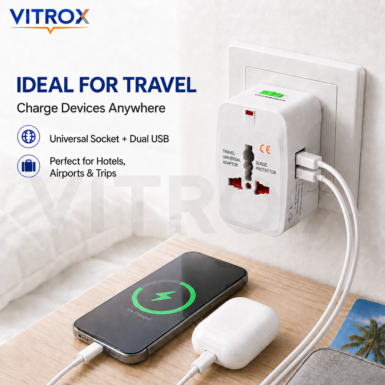 Vitrox All-in-One Universal Travel Adaptor with Dual USB Ports, Surge Protection & Worldwide Plug Support – White