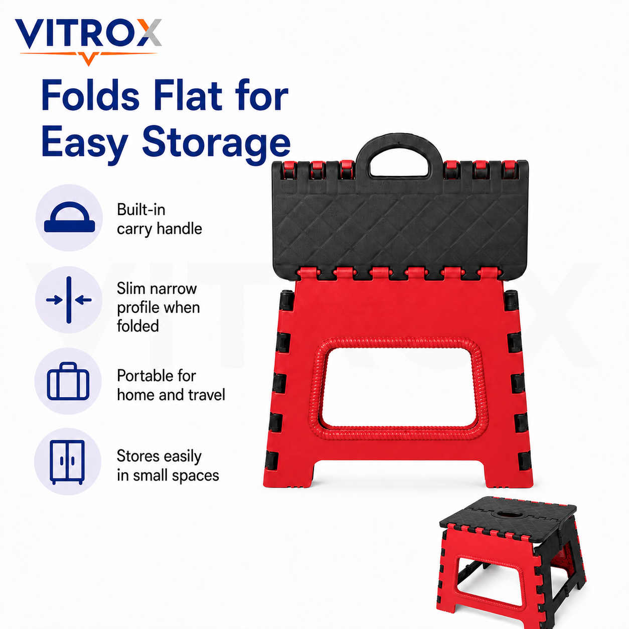 Foldable Utility Step Stool with Carry Handle – Red &amp; Black