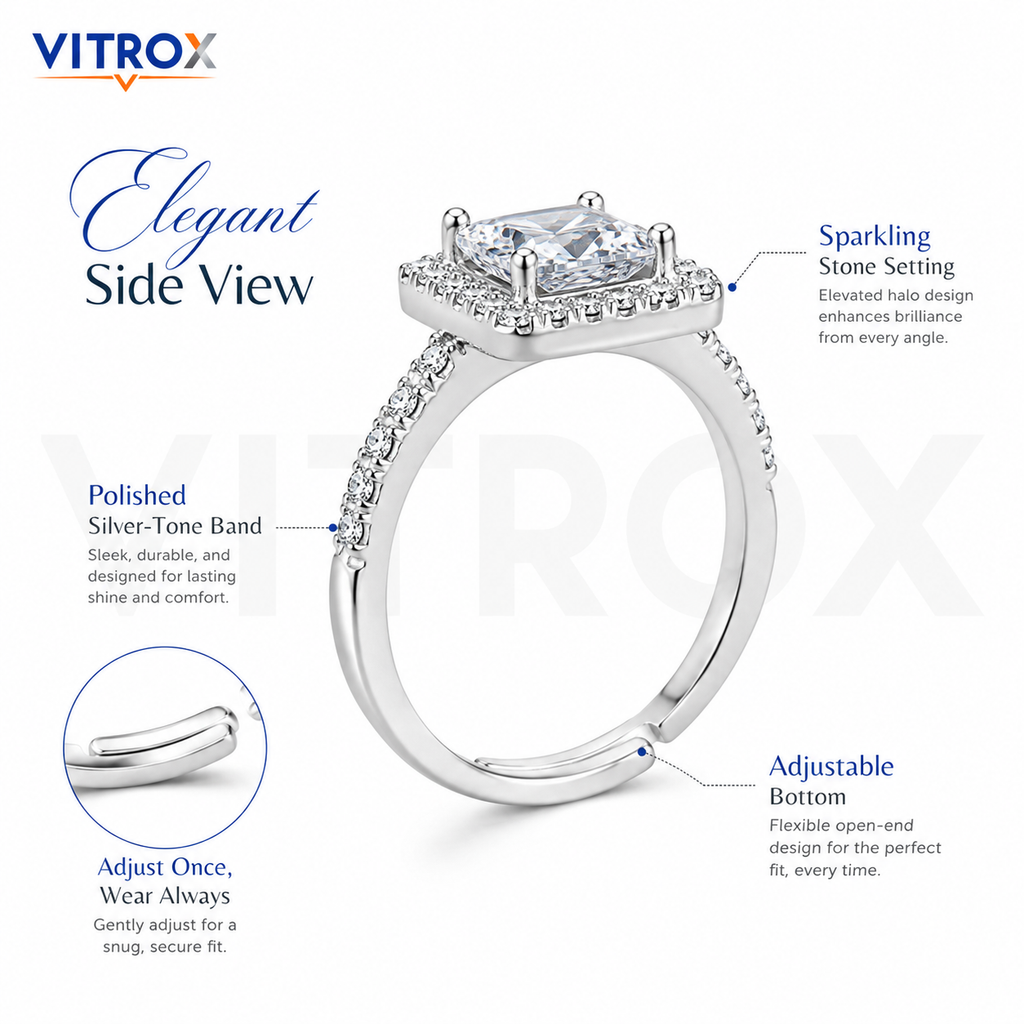 Silver-Tone Square Stone Adjustable Ring for Girls & Women