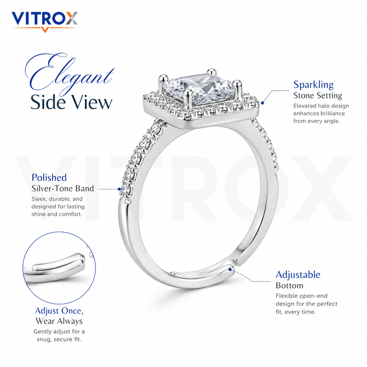 Silver-Tone Square Stone Adjustable Ring for Girls & Women