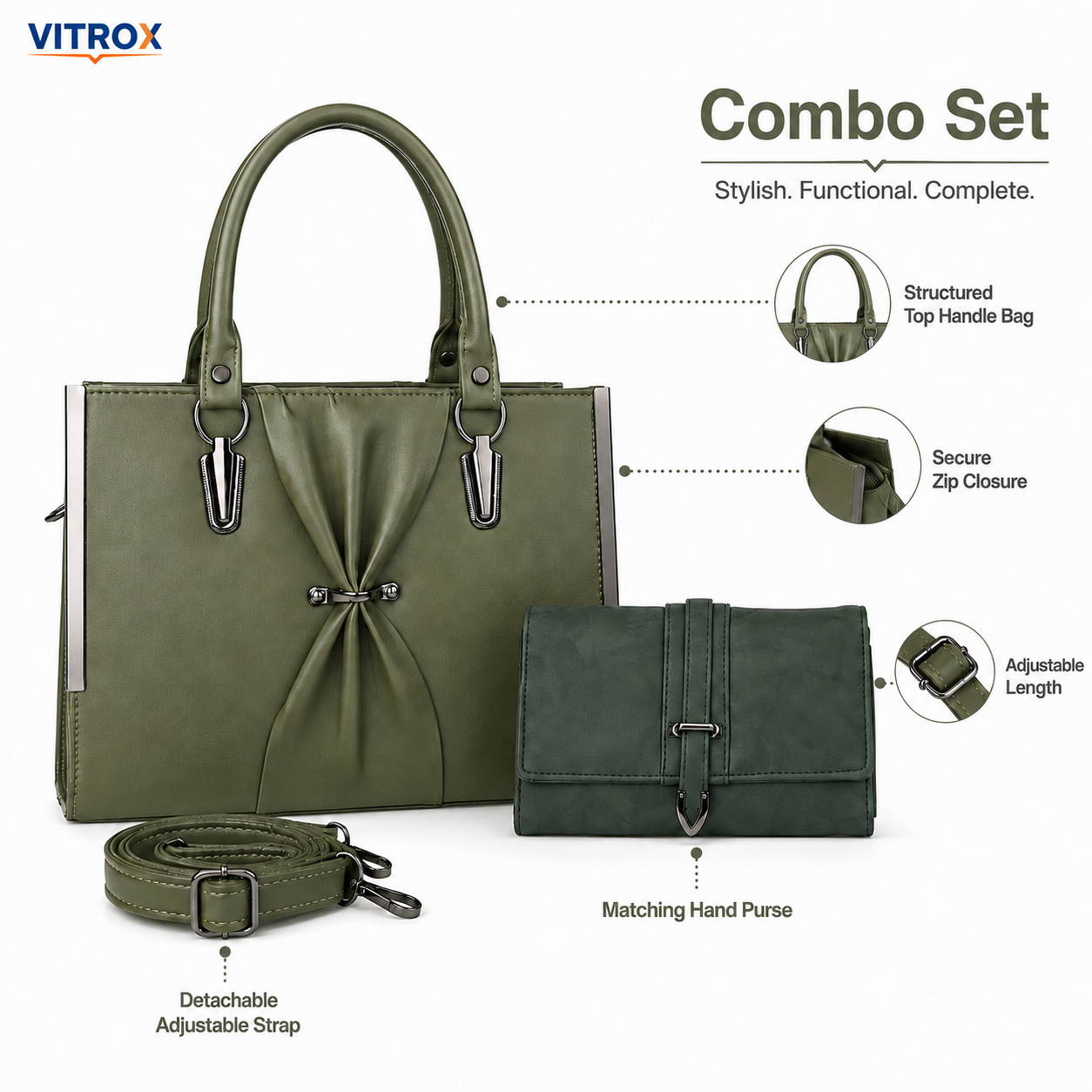 Ladies 2-in-1 Olive Green Handbag & Matching Hand Purse Combo