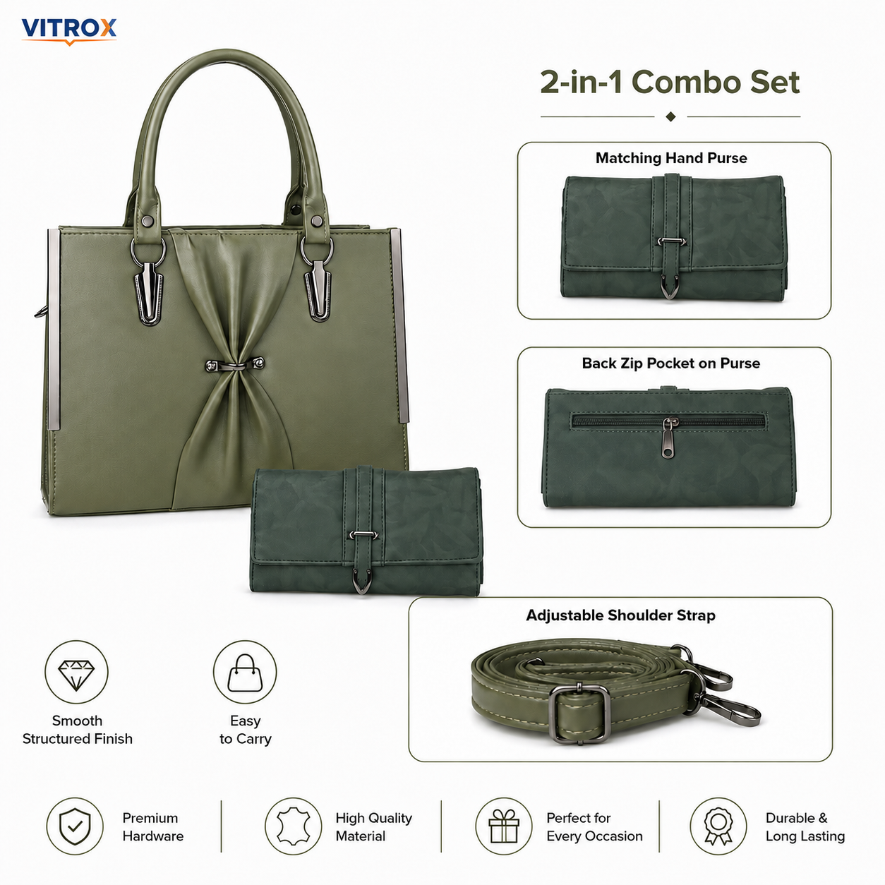 Ladies 2-in-1 Olive Green Handbag & Matching Hand Purse Combo