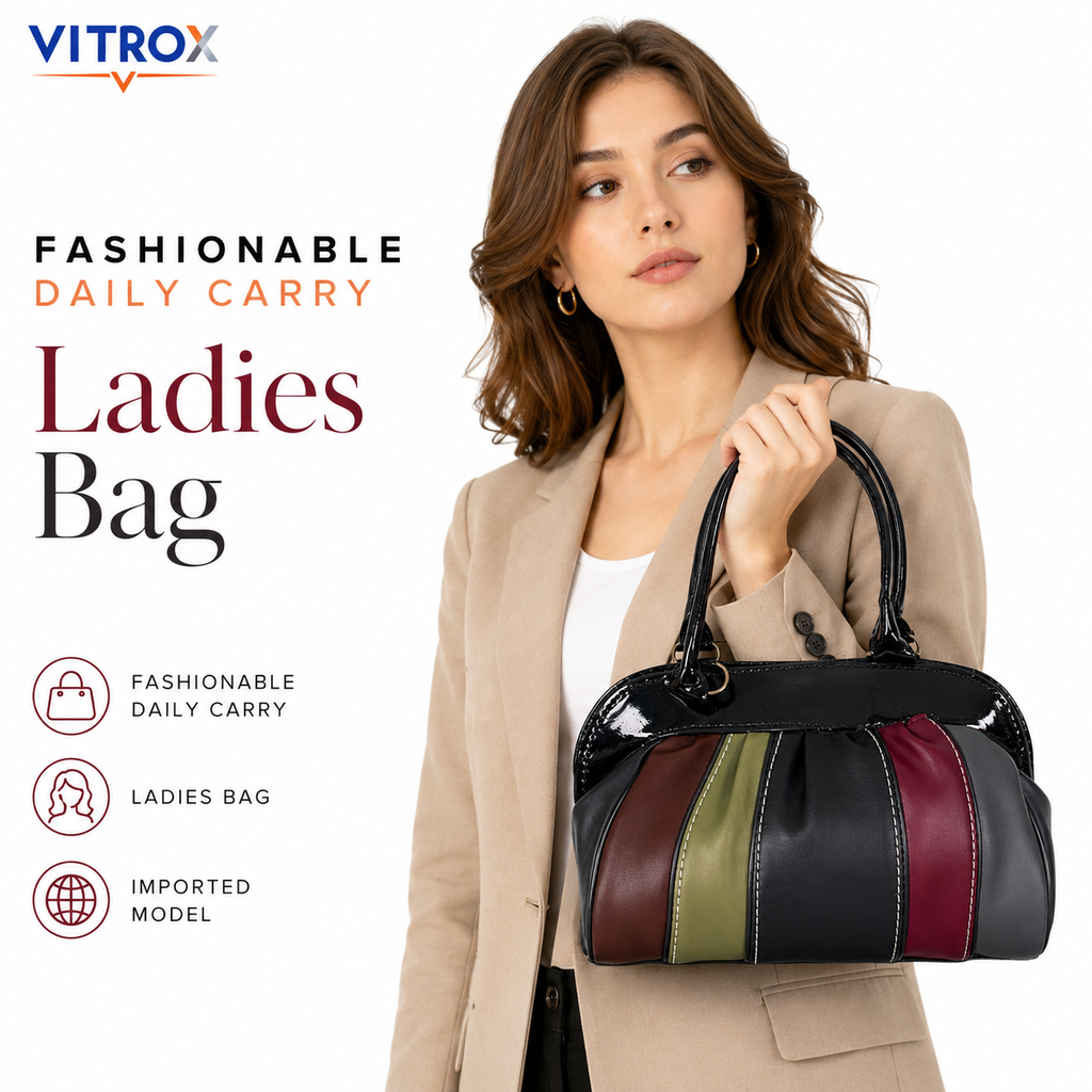 VITROX Multicolor Panel Ladies Handbag – Glossy Black Handle Bag | 8 x 3.5 x 6 inch