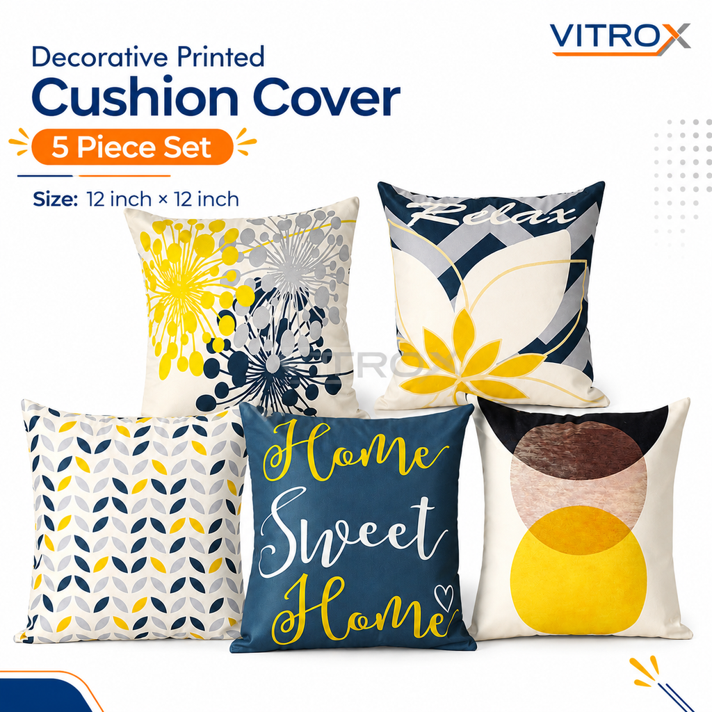 Vitrox Decorative Printed Cushion Cover Set – 5 Piece Set, 12 x 12 Inch Square Cushion Covers