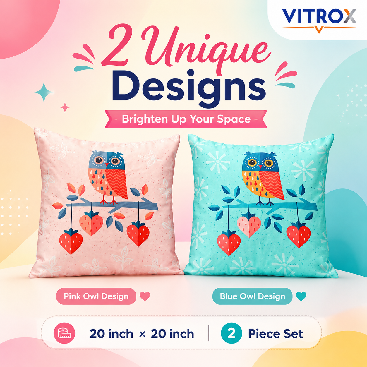 Vitrox Owl Printed Cushion Cover Set – 2 Piece Set, 20 x 20 Inch Premium Imported Satin Cushion Covers