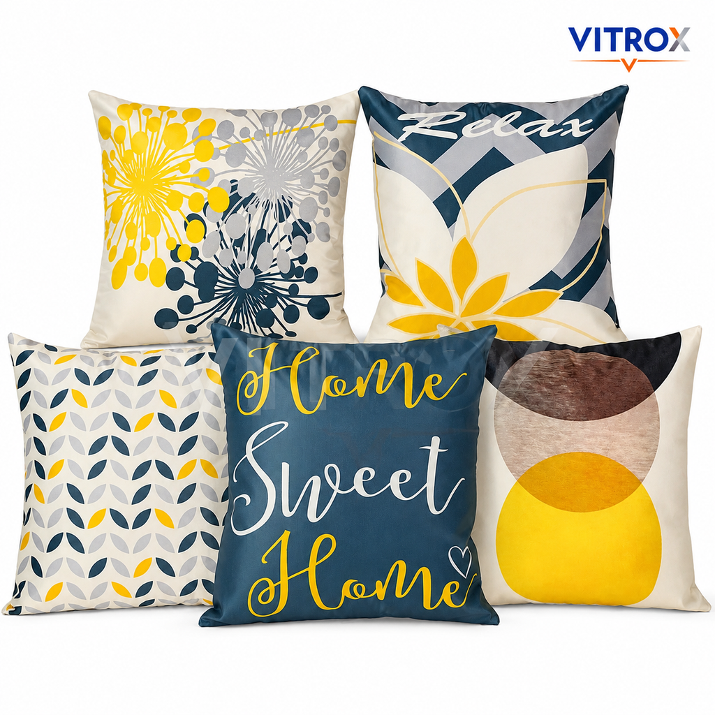 Vitrox Decorative Printed Cushion Cover Set – 5 Piece Set, 16 x 16 Inch Square Cushion Covers