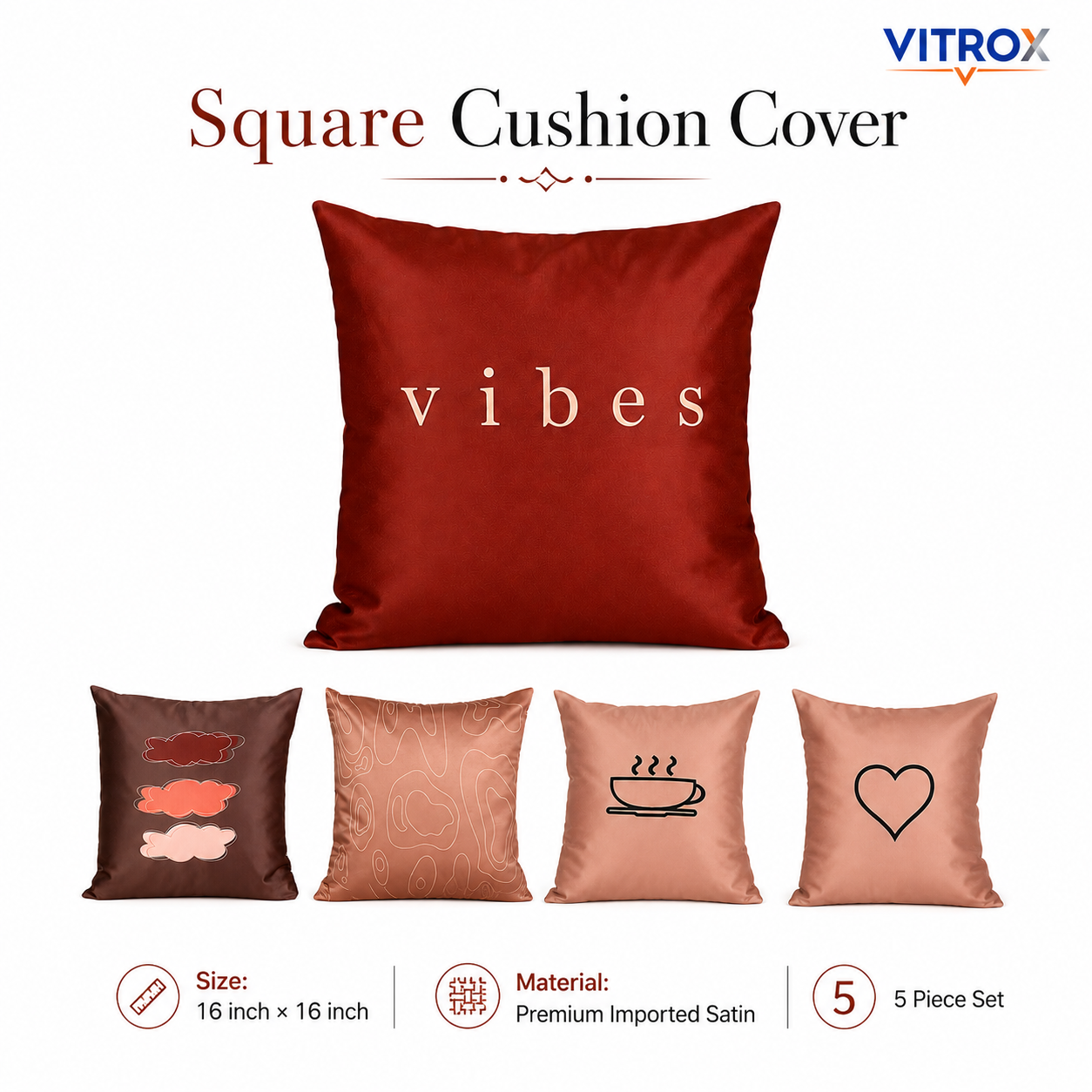 Vitrox Decorative Satin Cushion Cover Set – 5 Piece Set, 16 x 16 Inch Premium Imported Satin Cushion Covers