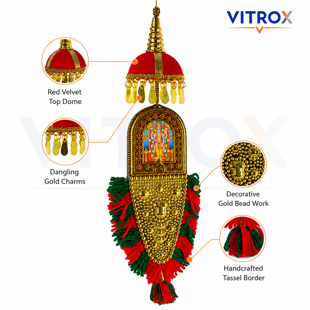 Vitrox Handmade Traditional Deity Nettipattam Hanging Décor – Double Side Design for Car, Home & Pooja Room | 30cm x 10cm