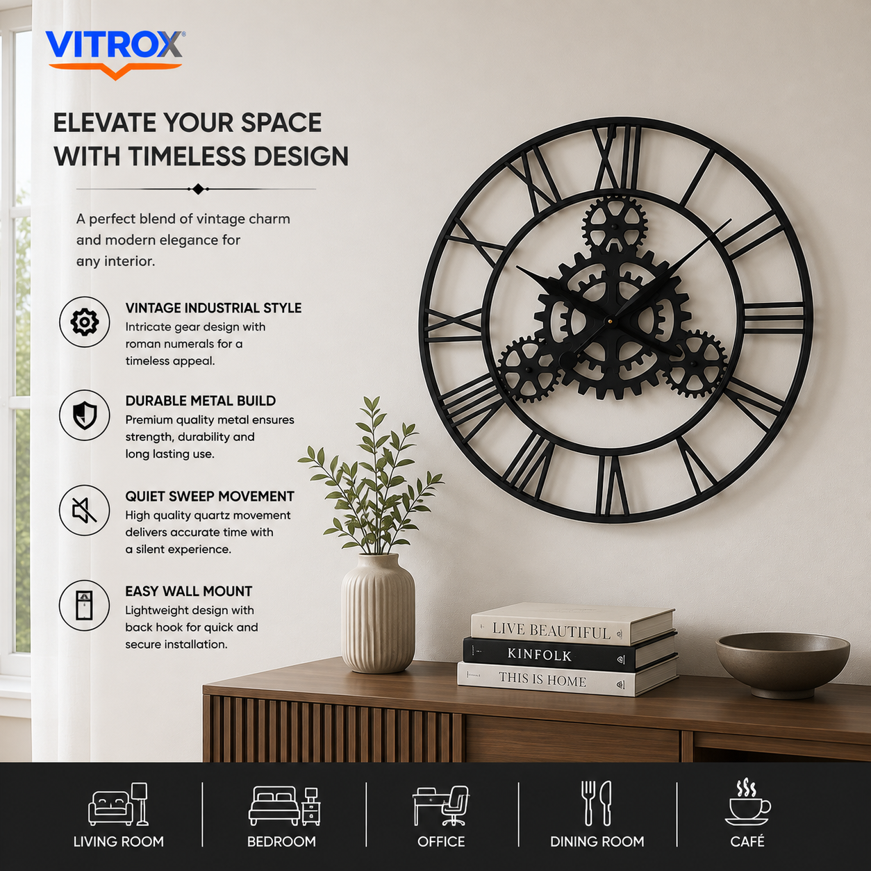 30 Inch Industrial Metal Wall Clock – Silent Quartz Decorative Gear Design Wall Clock (Black)