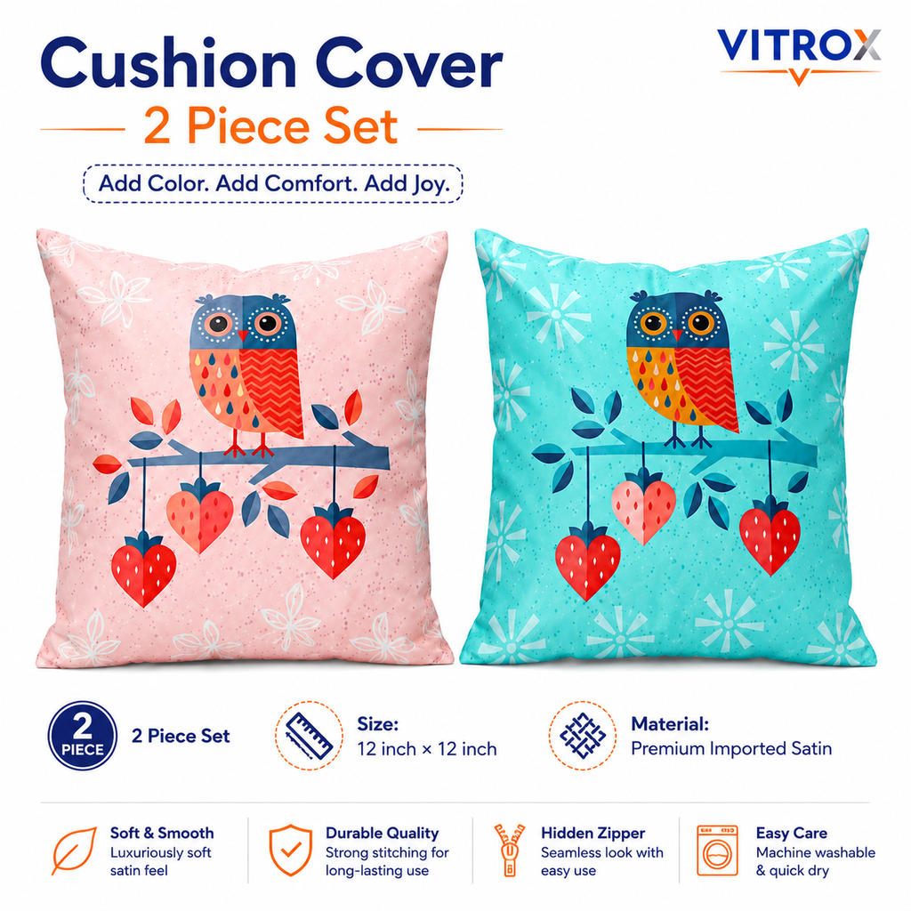 Vitrox Owl Printed Cushion Cover Set – 2 Piece Set, 12 x 12 Inch Premium Imported Satin Cushion Covers