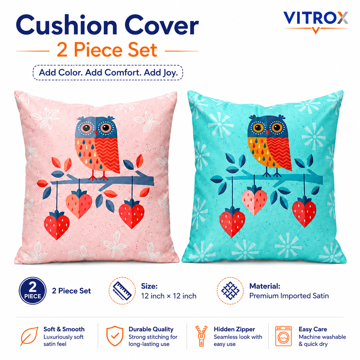 Vitrox Owl Printed Cushion Cover Set – 2 Piece Set, 12 x 12 Inch Premium Imported Satin Cushion Covers