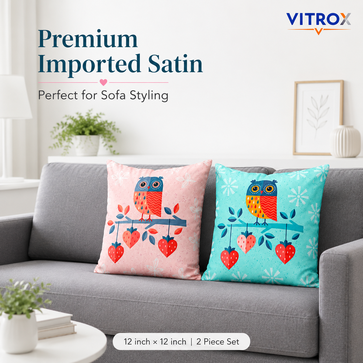 Vitrox Owl Printed Cushion Cover Set – 2 Piece Set, 12 x 12 Inch Premium Imported Satin Cushion Covers
