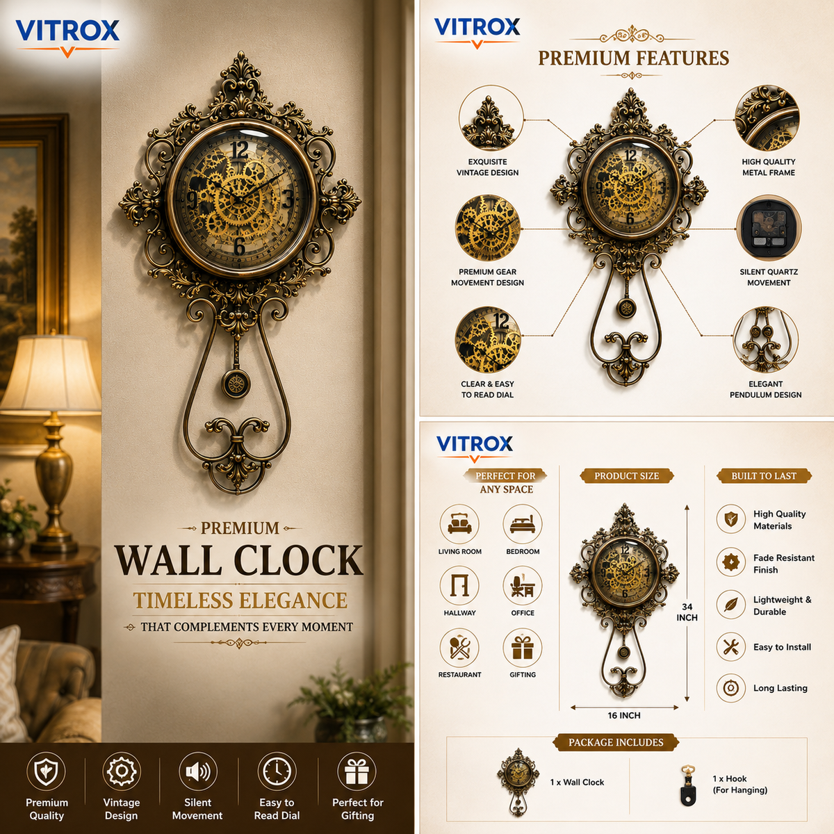 Vintage Decorative Wall Clock with Pendulum – Premium Silent Quartz Antique Wall Clock (34 × 16 Inch)