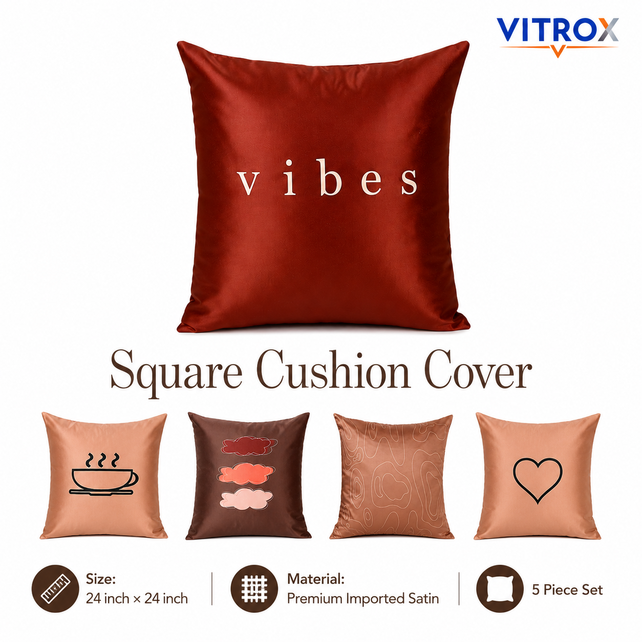 Vitrox Decorative Satin Cushion Cover Set – 5 Piece Set, 24 x 24 Inch Premium Imported Satin Cushion Covers