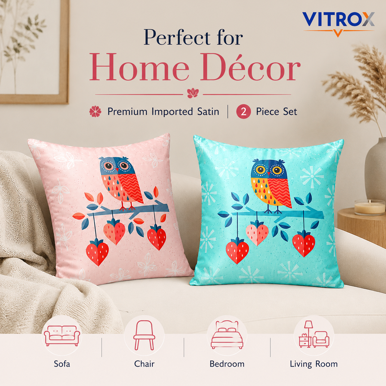 Vitrox Owl Printed Satin Cushion Cover Set – 2 Piece Set, 24 x 24 Inch Premium Imported Satin Cushion Covers