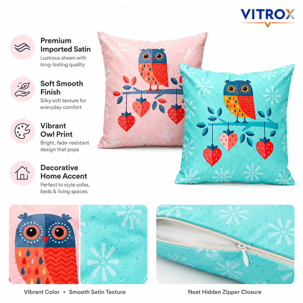 Vitrox Owl Printed Cushion Cover Set – 2 Piece Set, 12 x 12 Inch Premium Imported Satin Cushion Covers